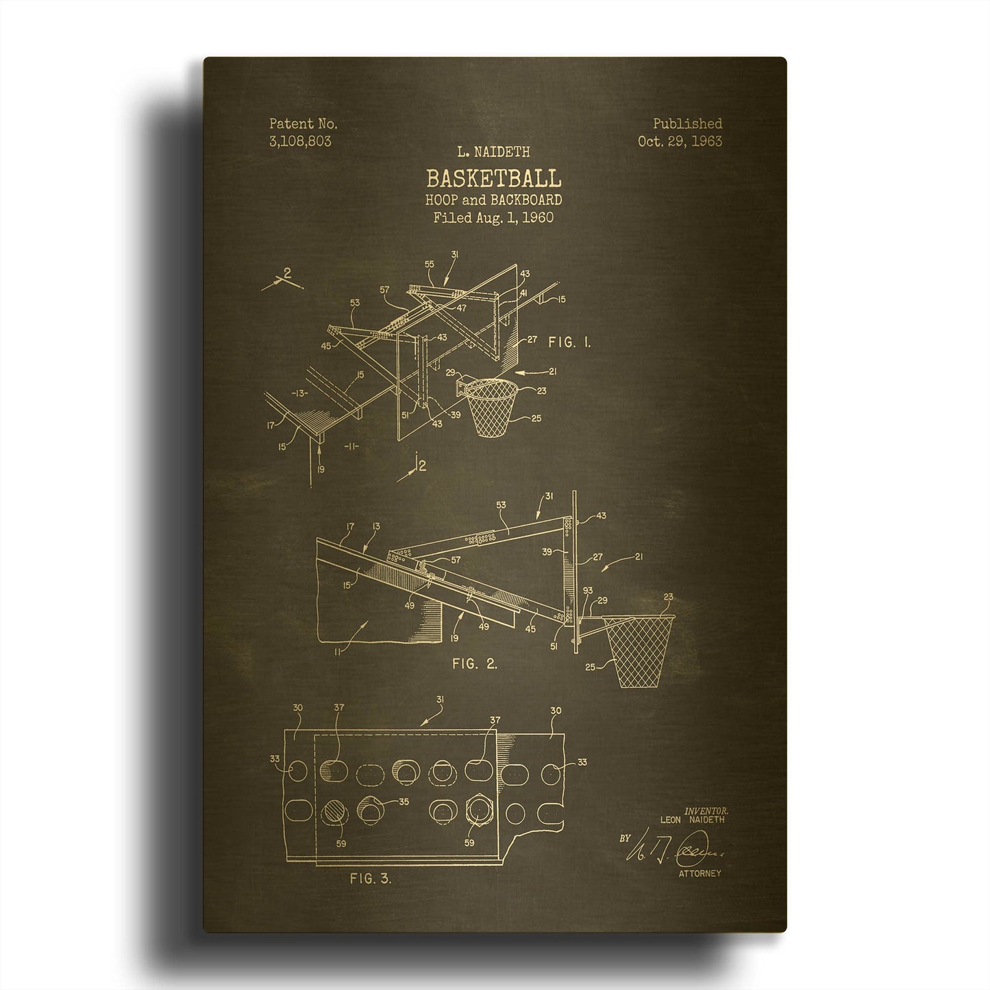 'Basketball Hoop and Backboard Blueprint Patent Chalkboard' By LUXE Gold Metal Wall Art