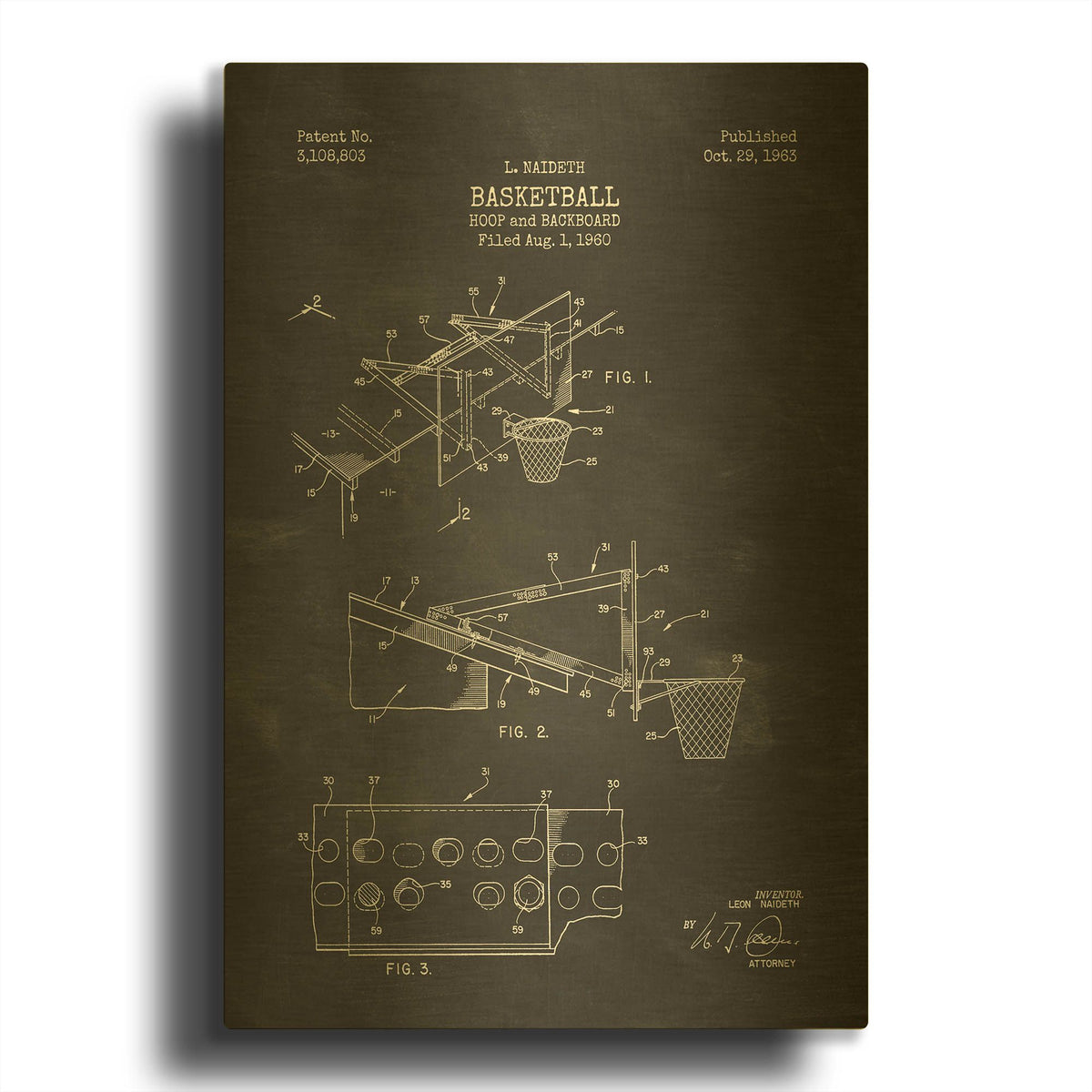 'Basketball Hoop and Backboard Blueprint Patent Chalkboard' By LUXE Gold Metal Wall Art