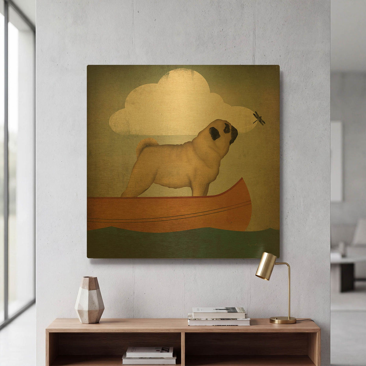 'Pug Canoe Co' By Ryan Fowler Gold Metal Wall Art