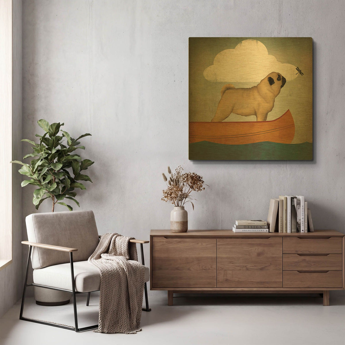 'Pug Canoe Co' By Ryan Fowler Gold Metal Wall Art