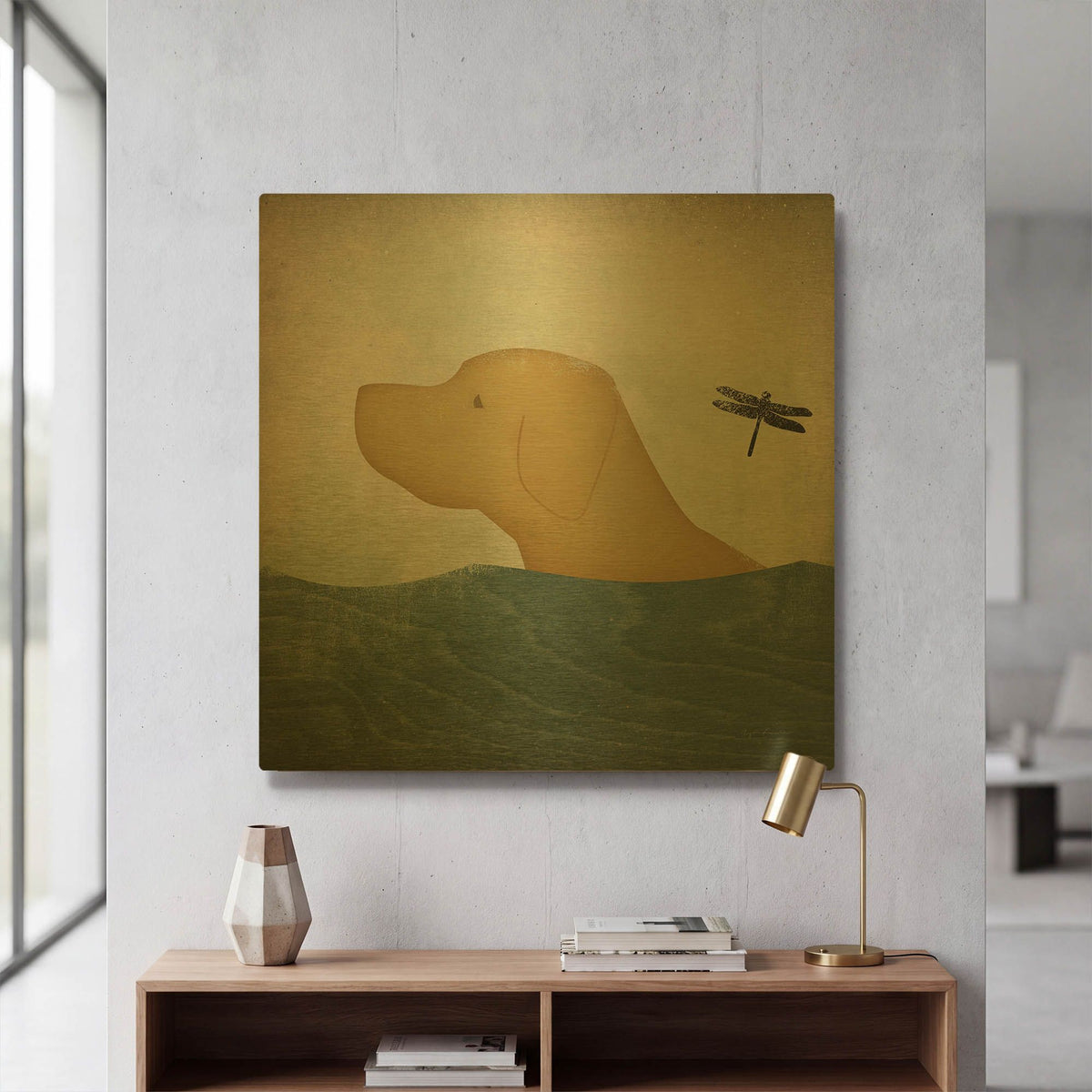'Yellow Dog Swim' By Ryan Fowler Gold Metal Wall Art