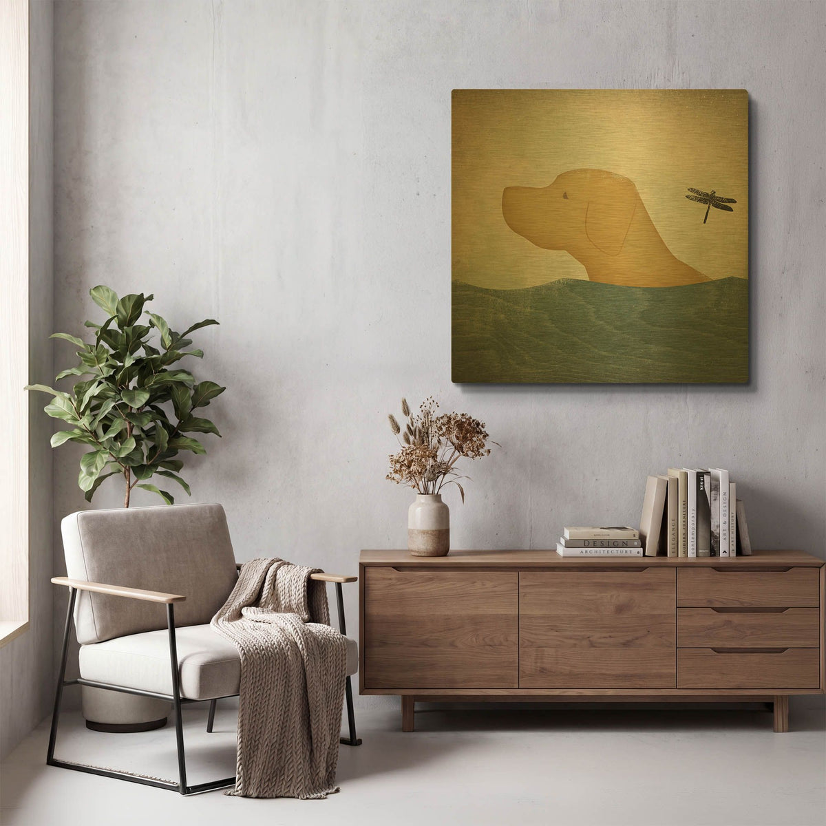 'Yellow Dog Swim' By Ryan Fowler Gold Metal Wall Art