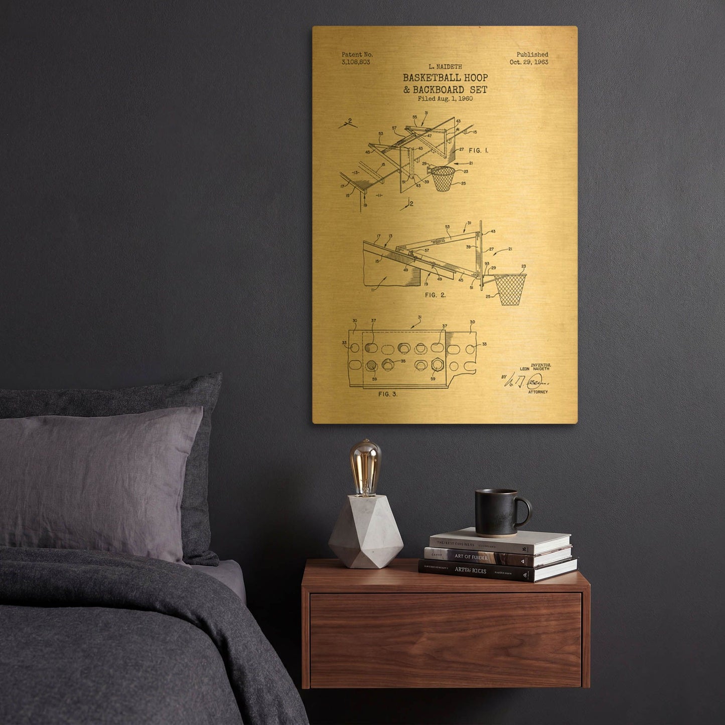 'Basketball Hoop and Backboard Blueprint Patent Parchment' By LUXE Gold Metal Wall Art