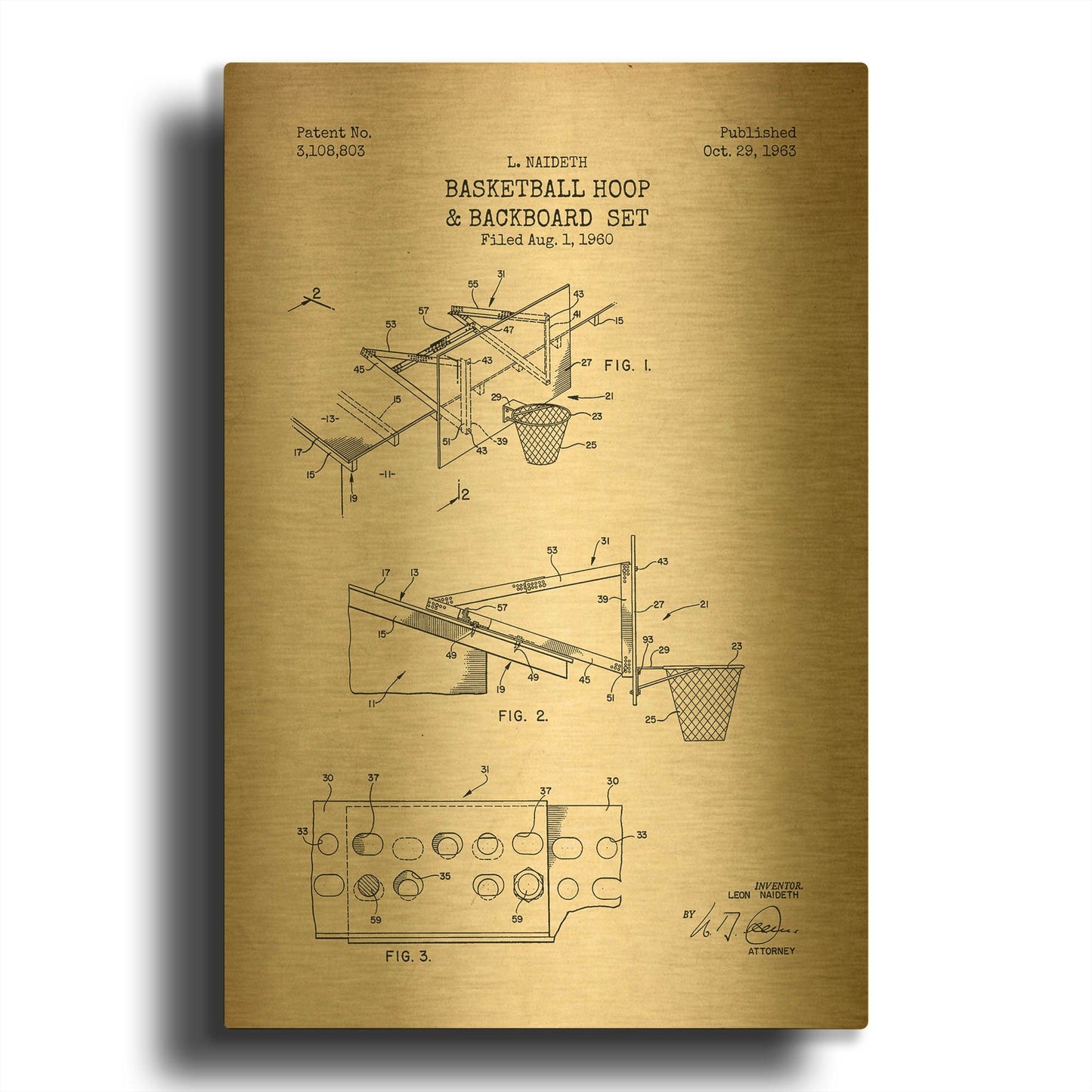 'Basketball Hoop and Backboard Blueprint Patent Parchment' By LUXE Gold Metal Wall Art