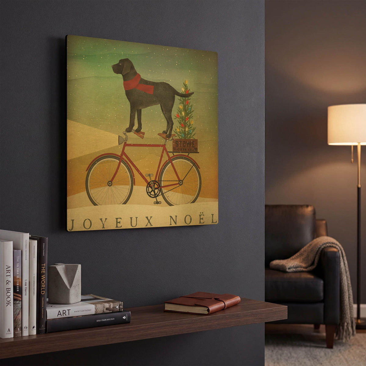 'Black Lab On Bike Christmas' By Ryan Fowler Gold Metal Wall Art