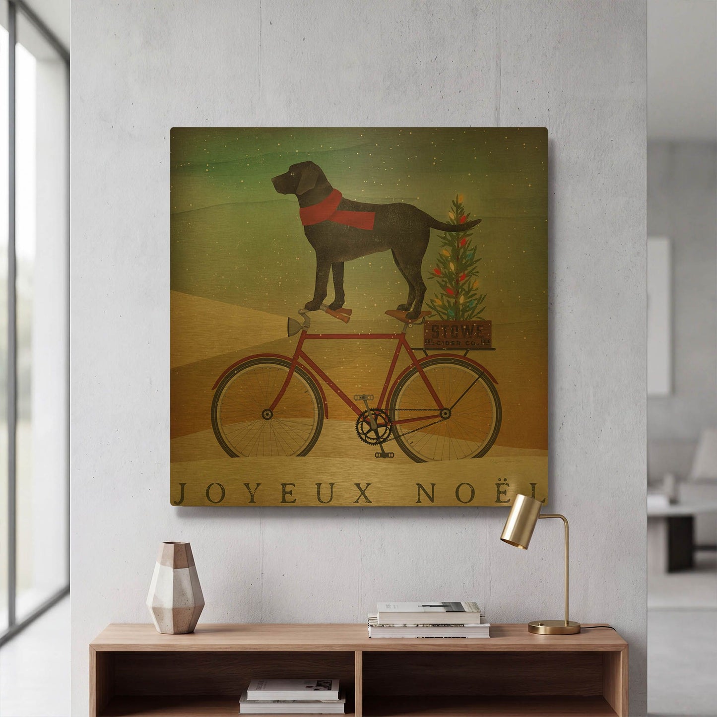 'Black Lab On Bike Christmas' By Ryan Fowler Gold Metal Wall Art