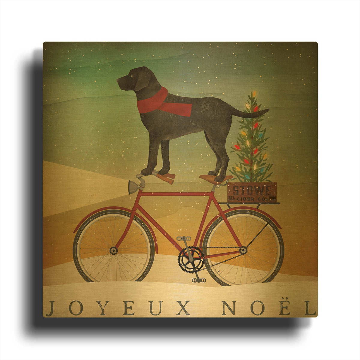 'Black Lab On Bike Christmas' By Ryan Fowler Gold Metal Wall Art
