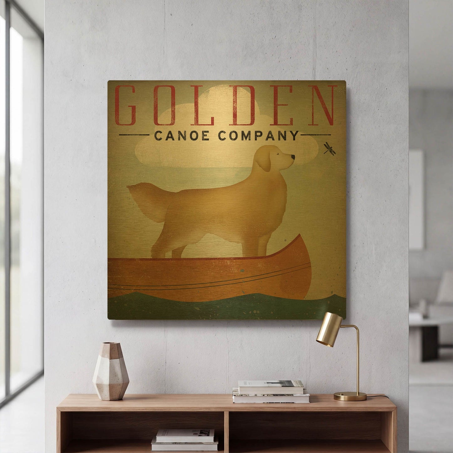'Golden Dog Canoe Co Right Facing' By Ryan Fowler Gold Metal Wall Art