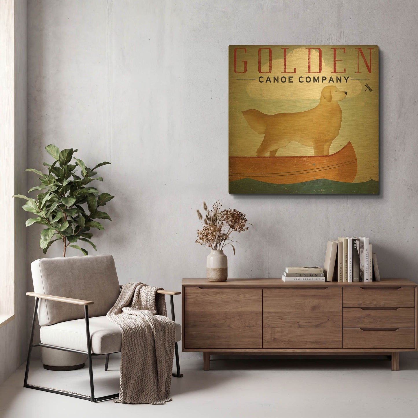 'Golden Dog Canoe Co Right Facing' By Ryan Fowler Gold Metal Wall Art