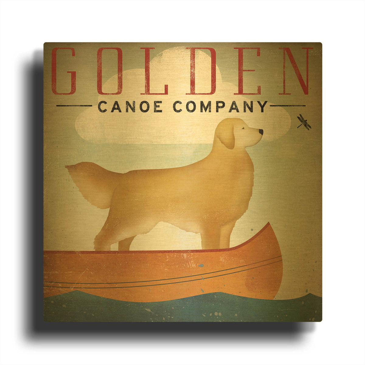 'Golden Dog Canoe Co Right Facing' By Ryan Fowler Gold Metal Wall Art