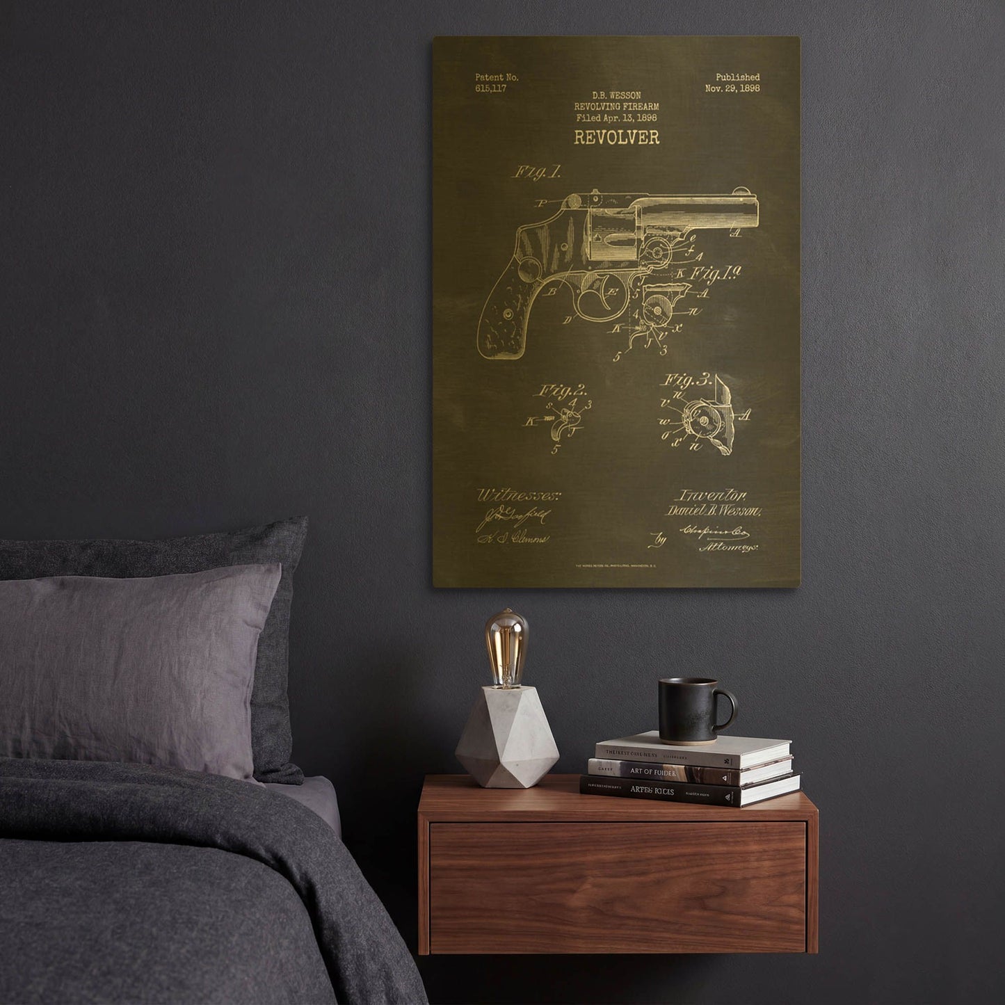 'Revolver Blueprint Patent Chalkboard' By LUXE Gold Metal Wall Art