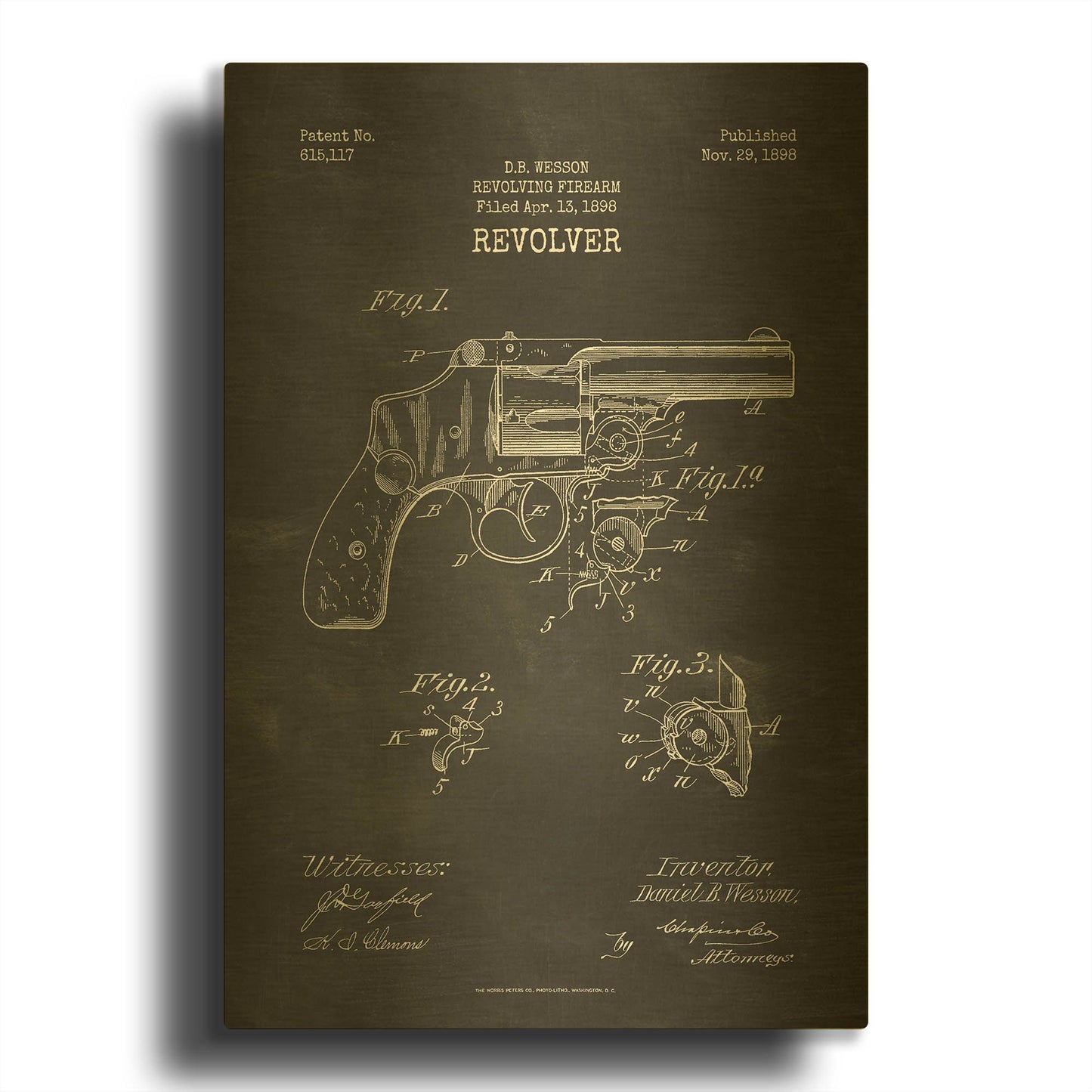 'Revolver Blueprint Patent Chalkboard' By LUXE Gold Metal Wall Art