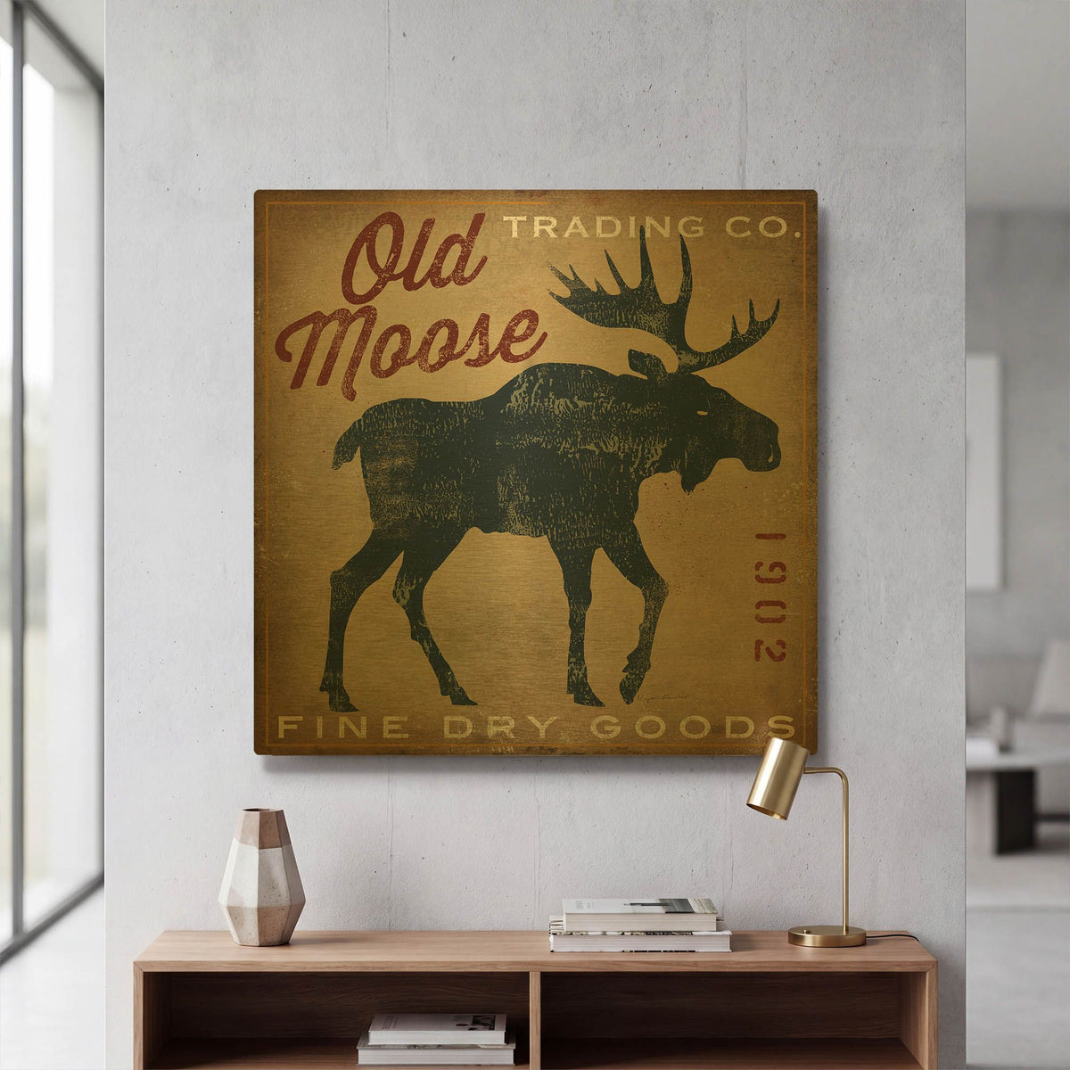 'Old Moose Trading Co Tan - Dry Goods' By Ryan Fowler Gold Metal Wall Art