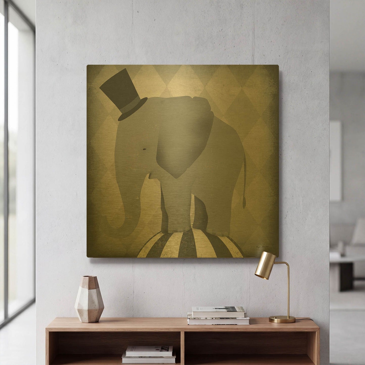 'Circus Elephant Gray' By Ryan Fowler Gold Metal Wall Art