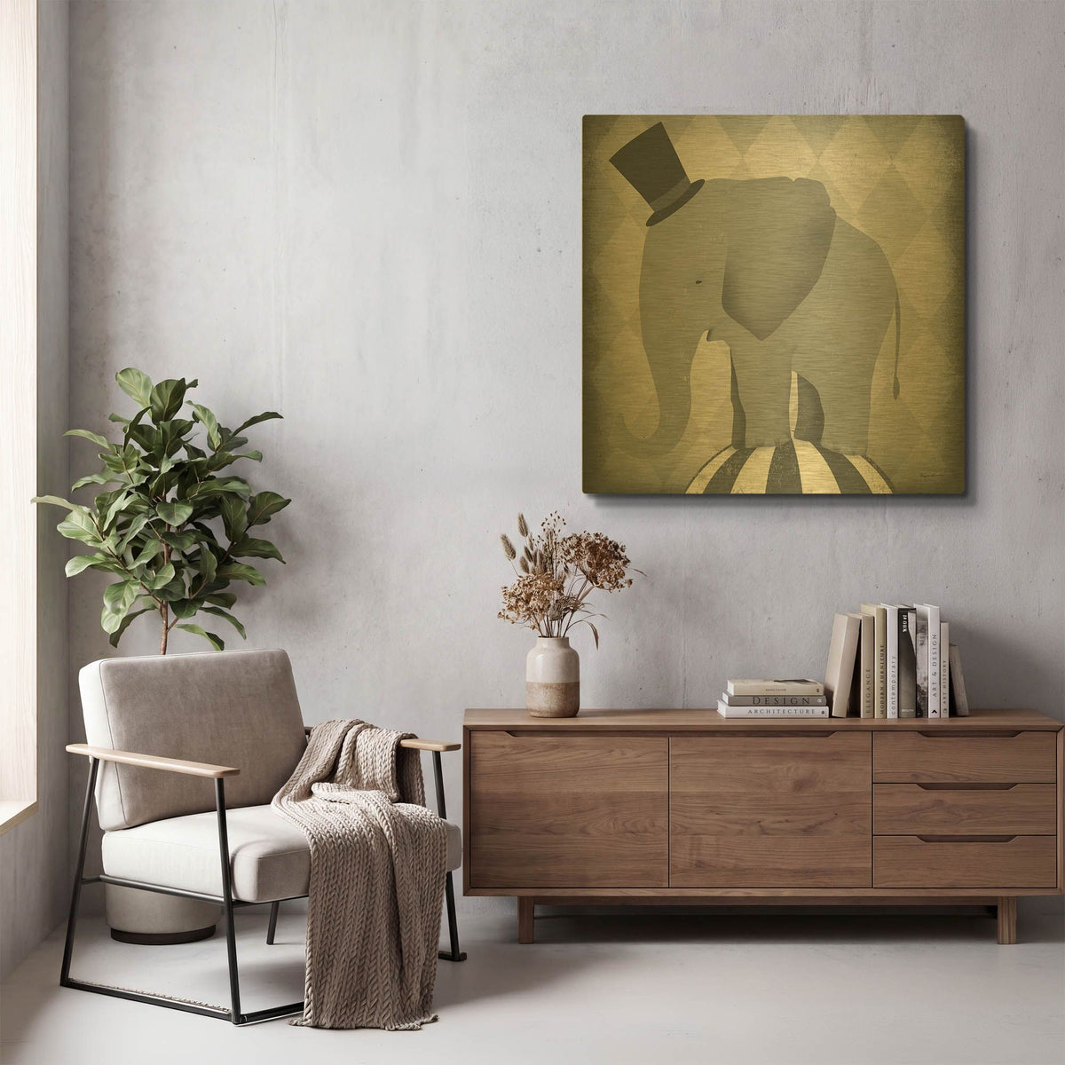 'Circus Elephant Gray' By Ryan Fowler Gold Metal Wall Art