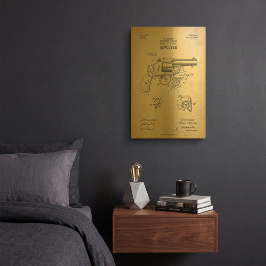 'Revolver Blueprint Patent Parchment' By LUXE Gold Metal Wall Art