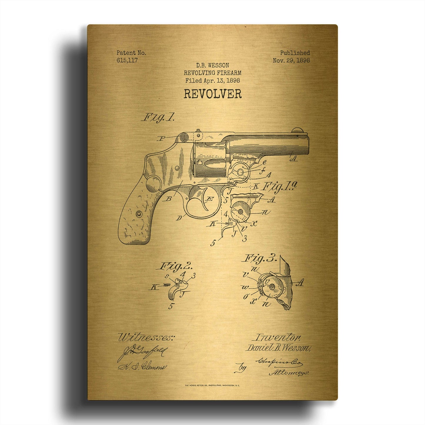 'Revolver Blueprint Patent Parchment' By LUXE Gold Metal Wall Art