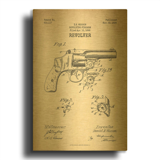'Revolver Blueprint Patent Parchment' By LUXE Gold Metal Wall Art