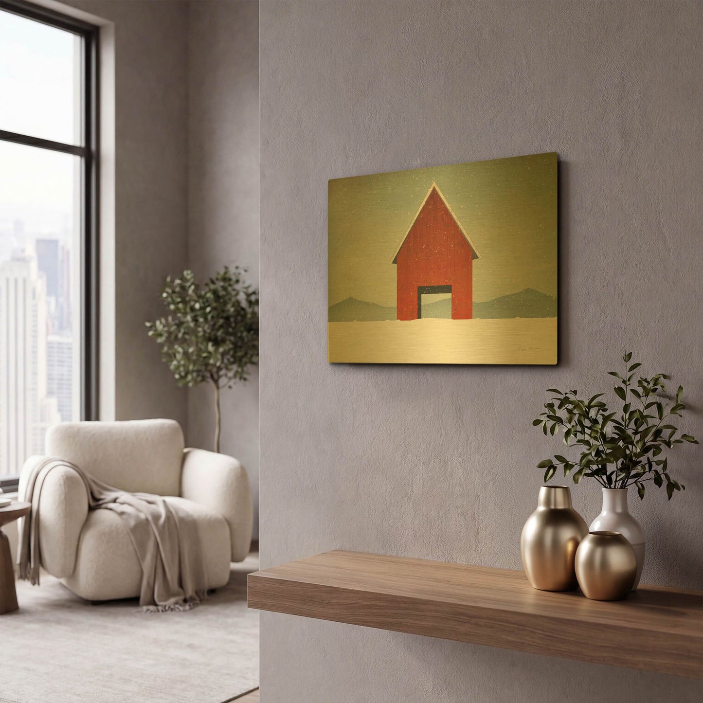 'Red Barn Winter' By Ryan Fowler Gold Metal Wall Art