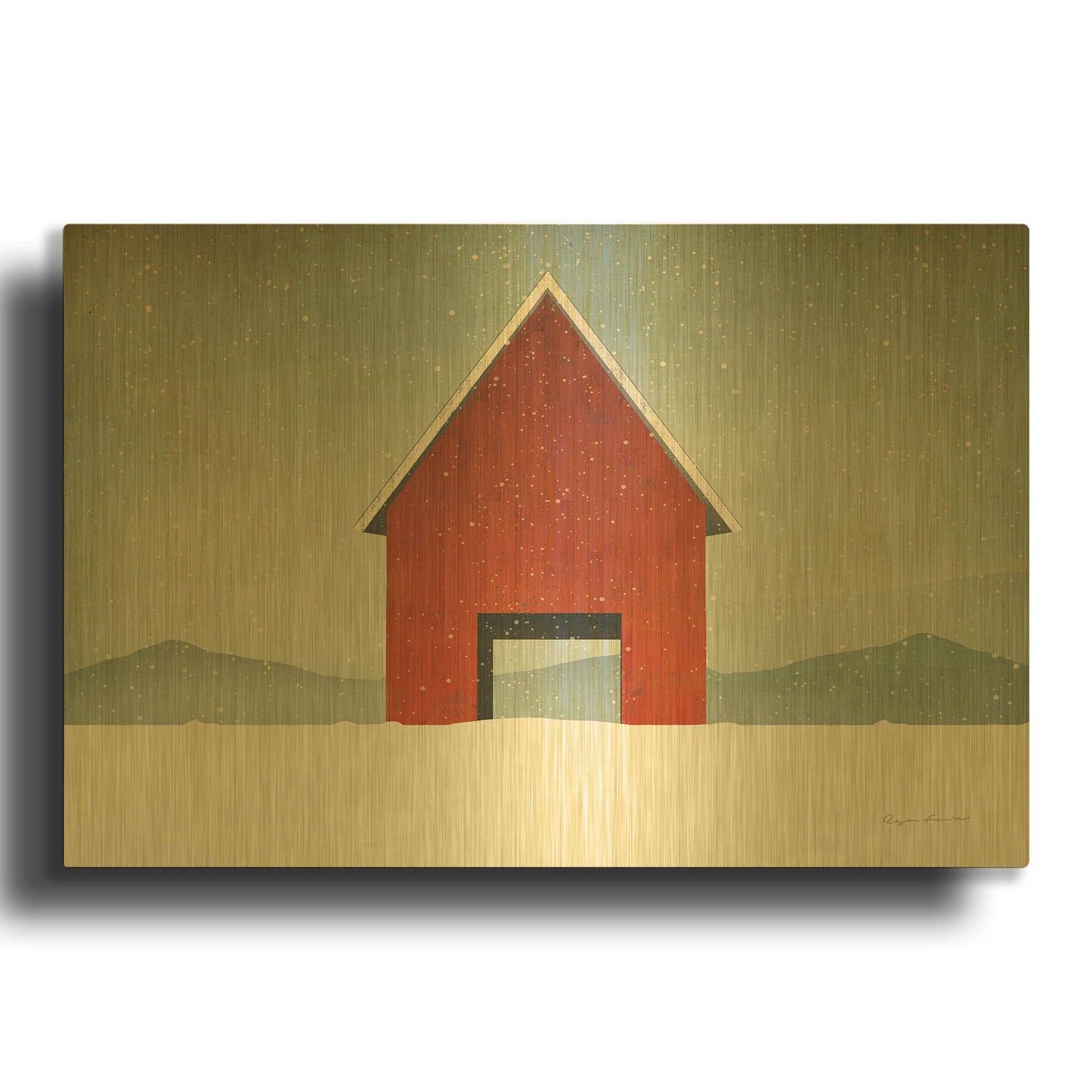 'Red Barn Winter' By Ryan Fowler Gold Metal Wall Art