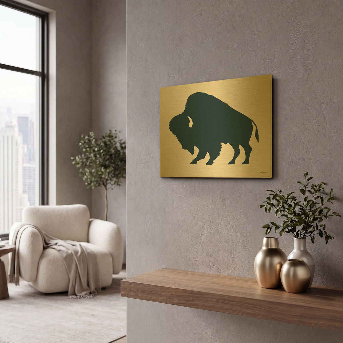 'Buffalo Bison I On Beige' By Ryan Fowler Gold Metal Wall Art