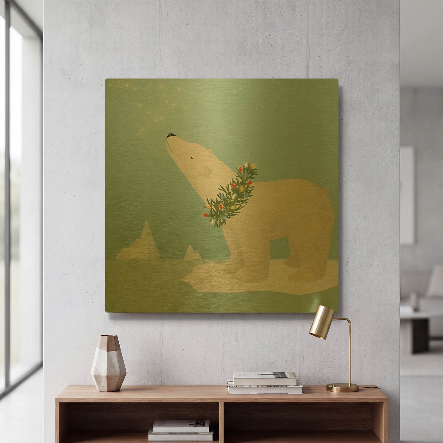 'Holiday Polar Bear' By Ryan Fowler Gold Metal Wall Art