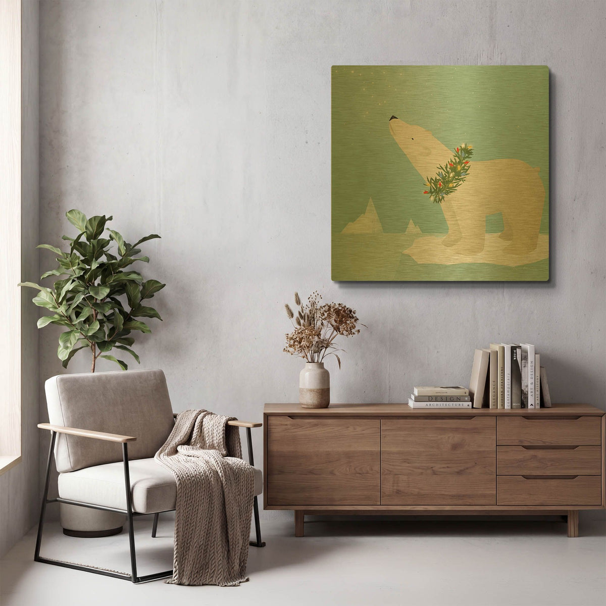 'Holiday Polar Bear' By Ryan Fowler Gold Metal Wall Art