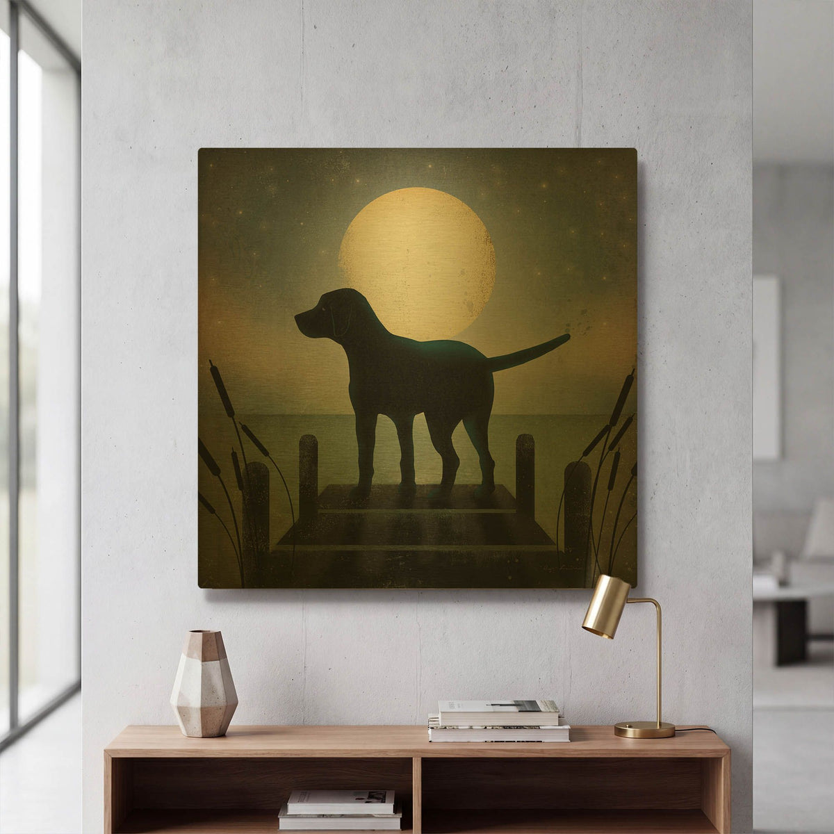 'Moonrise Black Dog' By Ryan Fowler Gold Metal Wall Art