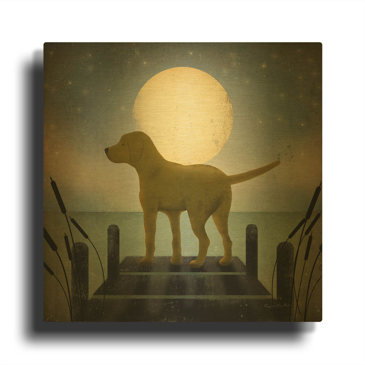 'Moonrise Yellow Dog' By Ryan Fowler Gold Metal Wall Art