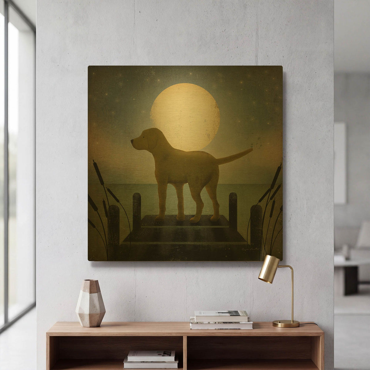 'Moonrise Yellow Dog' By Ryan Fowler Gold Metal Wall Art