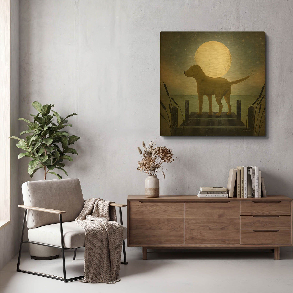 'Moonrise Yellow Dog' By Ryan Fowler Gold Metal Wall Art