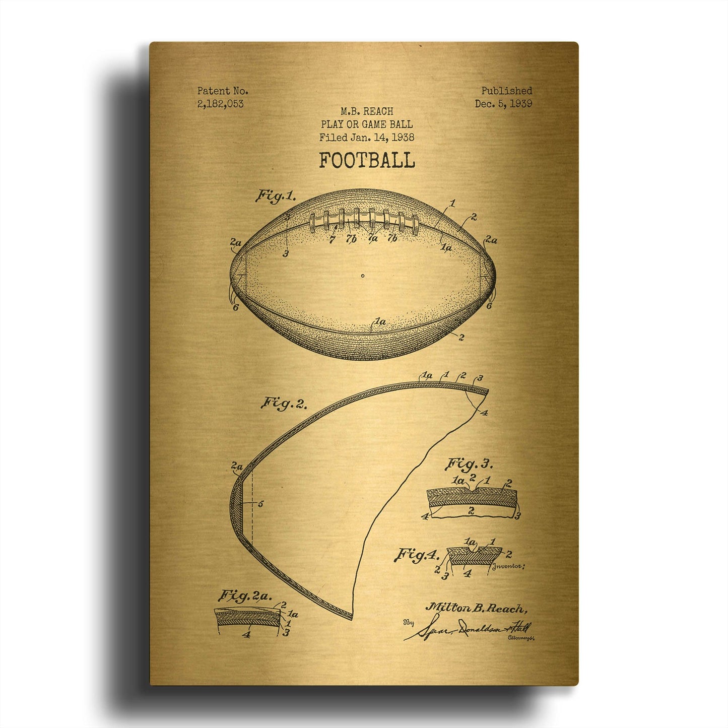 'Football Blueprint Patent Parchment' By LUXE Gold Metal Wall Art