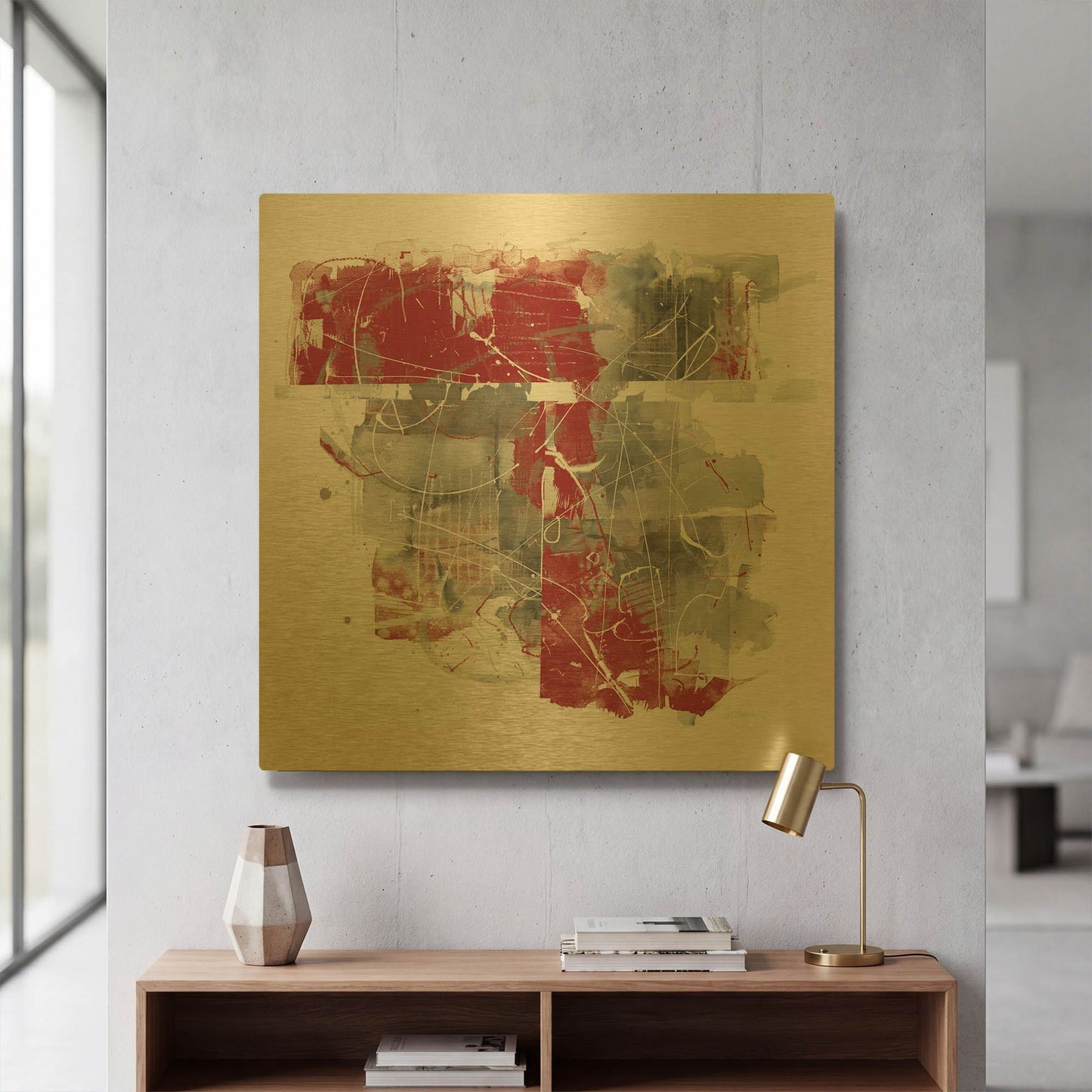'Moving In And Out Of Traffic II Red Grey' By Mike Schick Gold Metal Wall Art