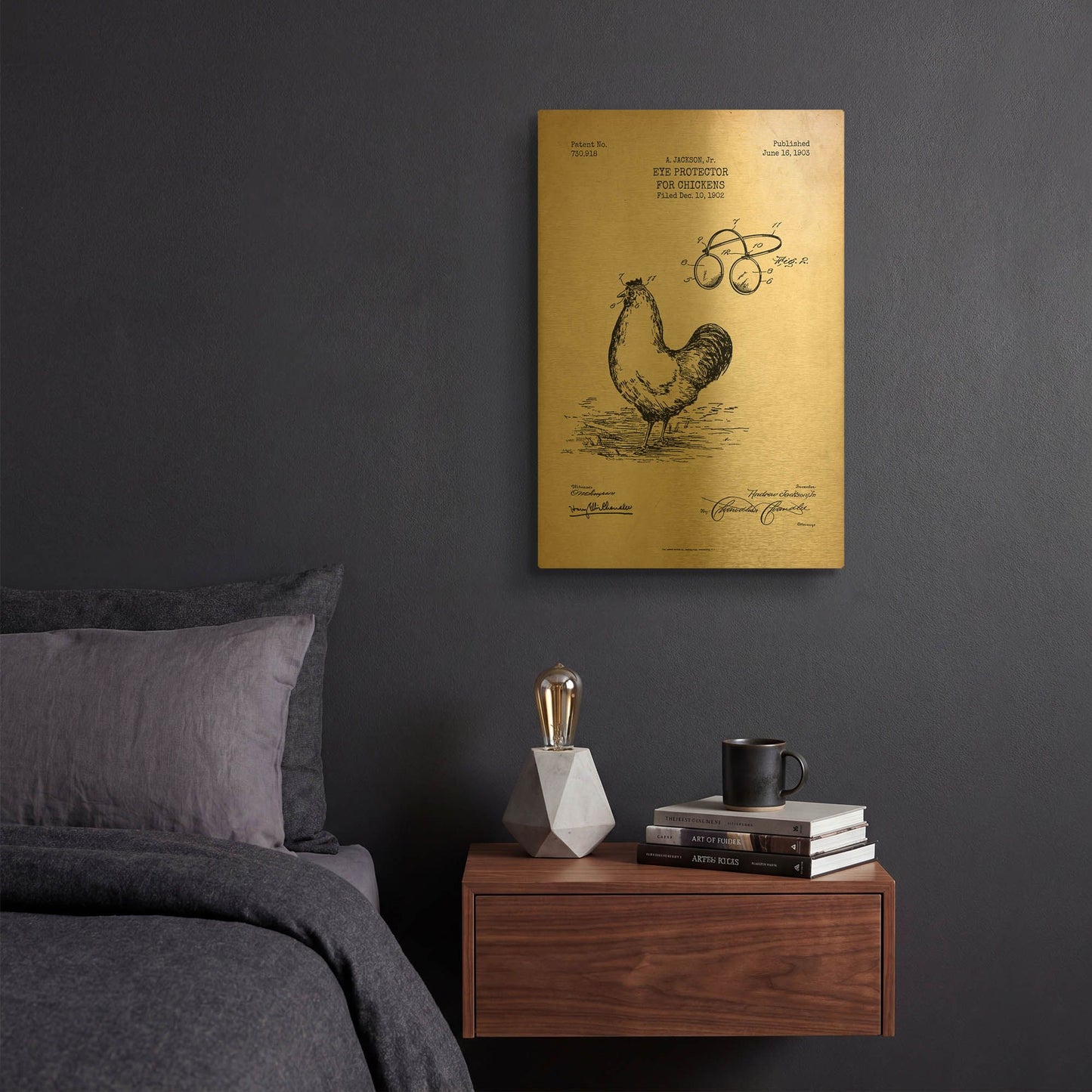 'Eye Protector for Chickens Blueprint Patent Parchment' By LUXE Gold Metal Wall Art
