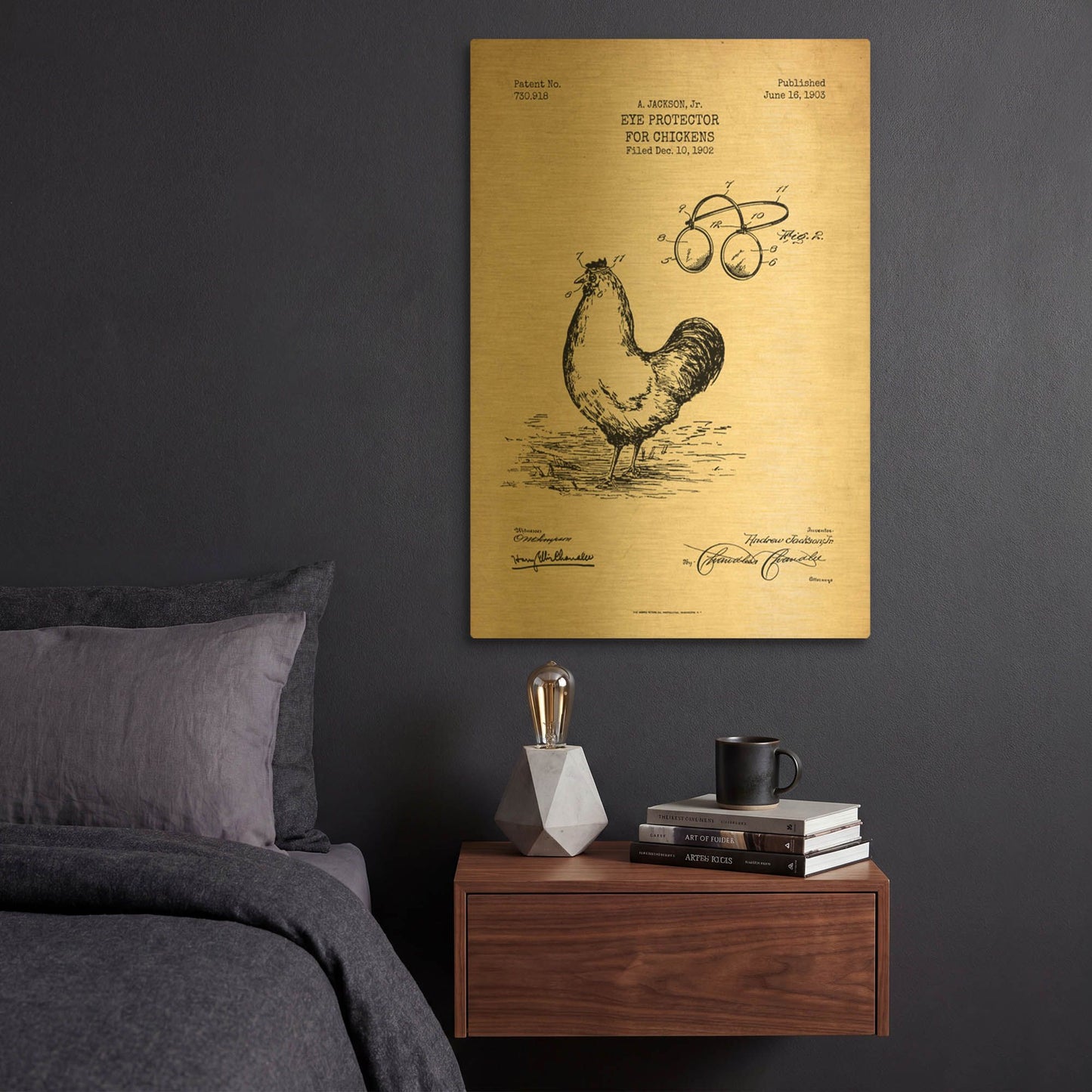 'Eye Protector for Chickens Blueprint Patent Parchment' By LUXE Gold Metal Wall Art