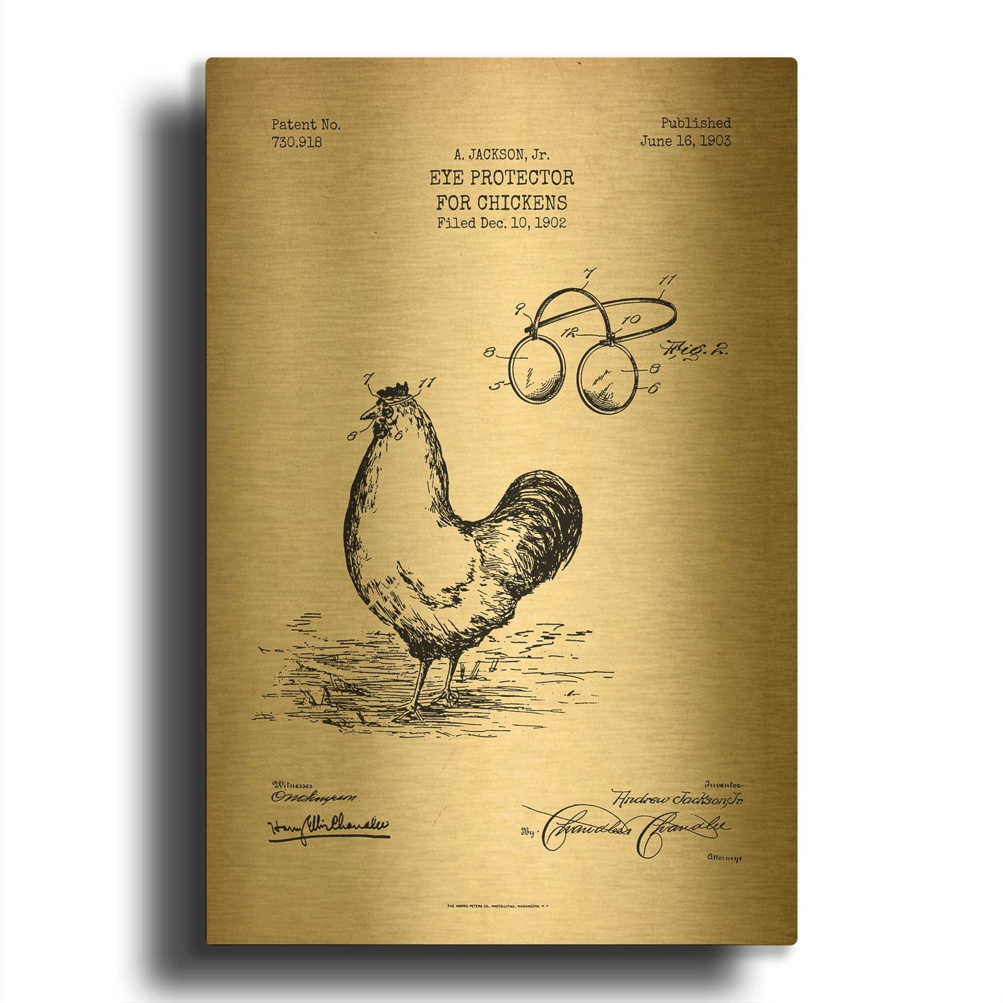 'Eye Protector for Chickens Blueprint Patent Parchment' By LUXE Gold Metal Wall Art