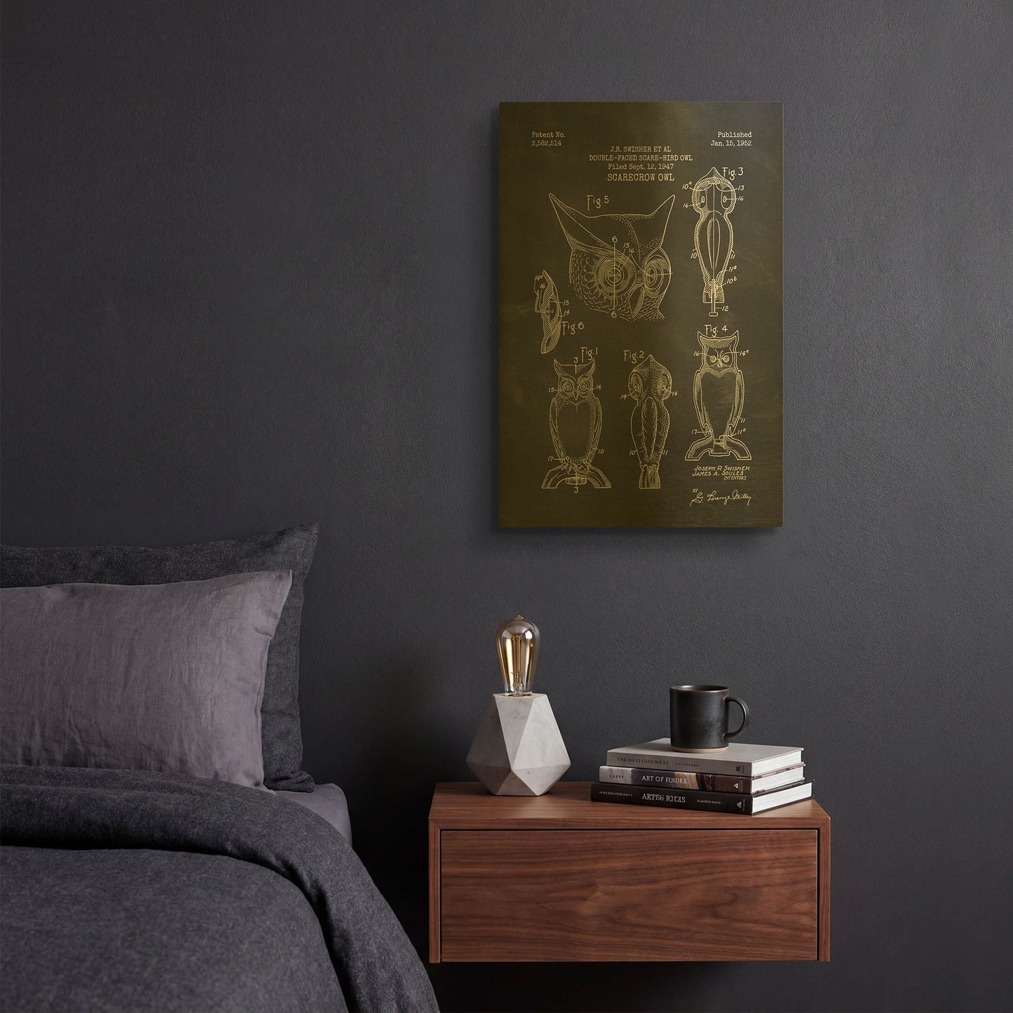 'Scarecrow Owl Blueprint Patent Chalkboard' By LUXE Gold Metal Wall Art