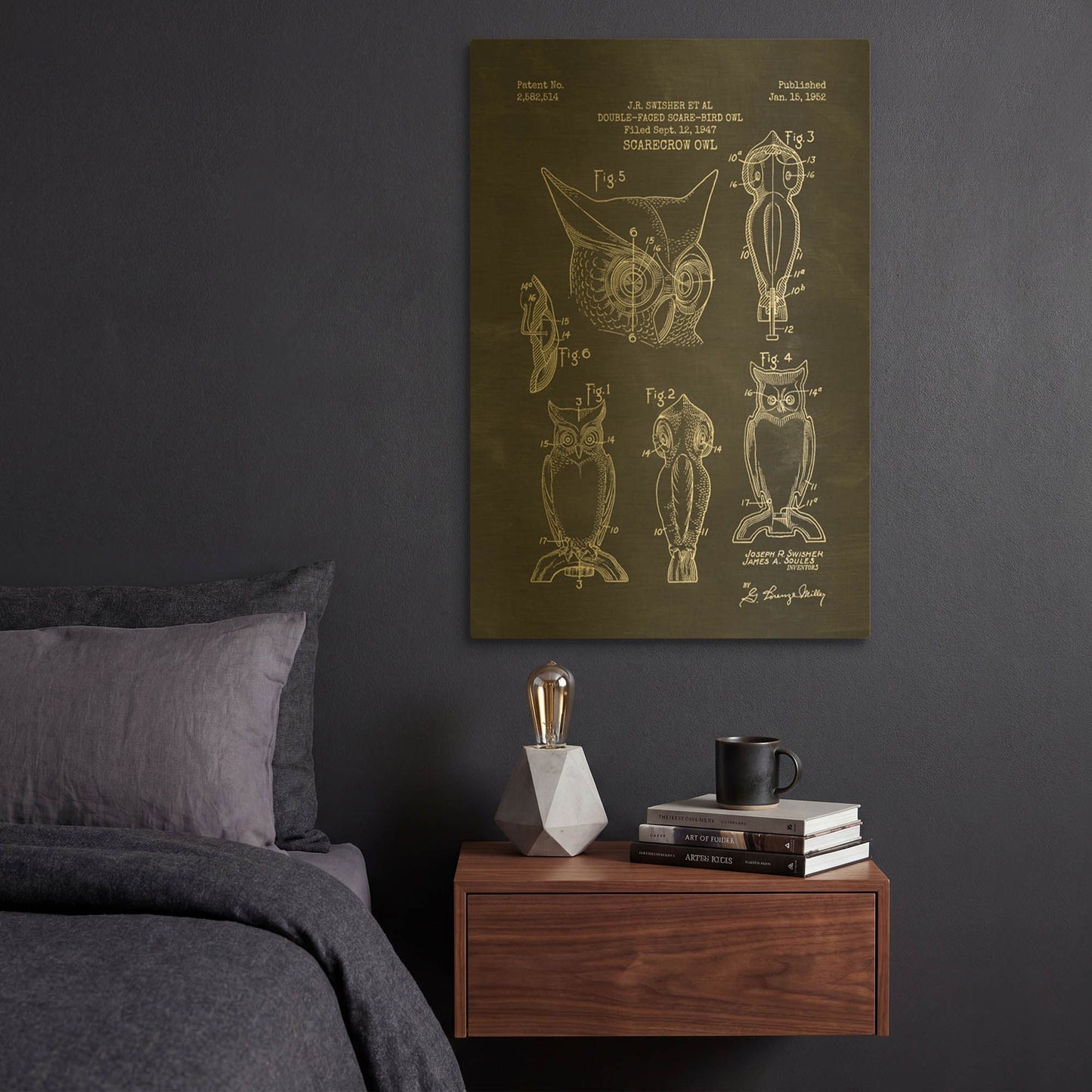 'Scarecrow Owl Blueprint Patent Chalkboard' By LUXE Gold Metal Wall Art