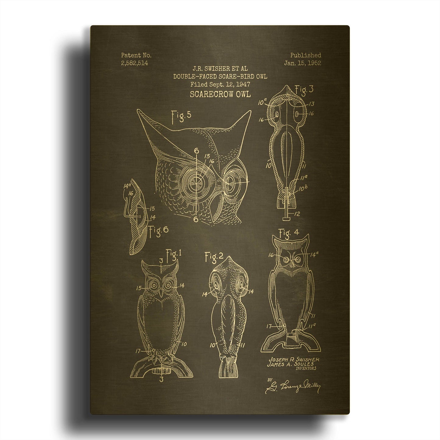 'Scarecrow Owl Blueprint Patent Chalkboard' By LUXE Gold Metal Wall Art