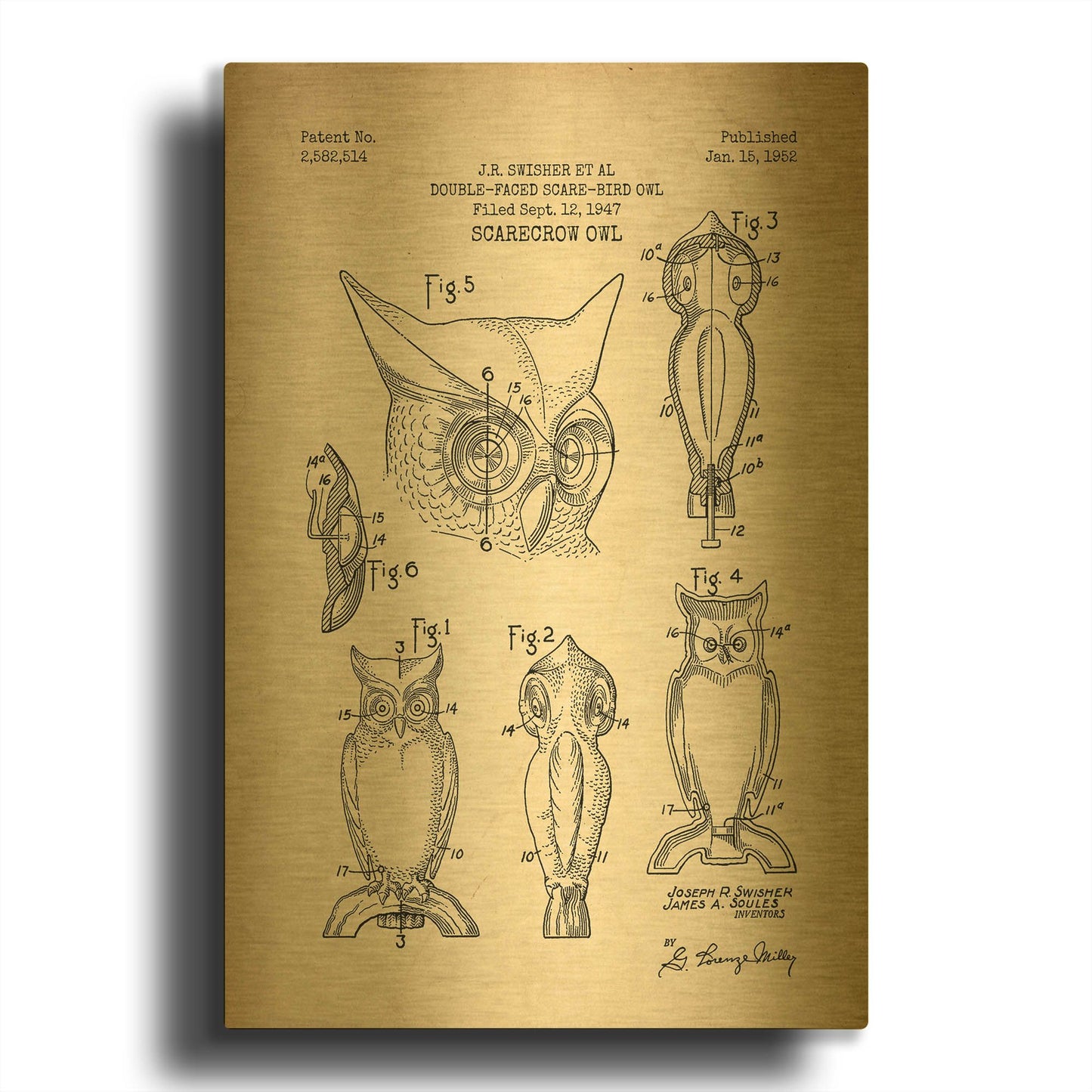 'Scarecrow Owl Blueprint Patent Parchment' By LUXE Gold Metal Wall Art