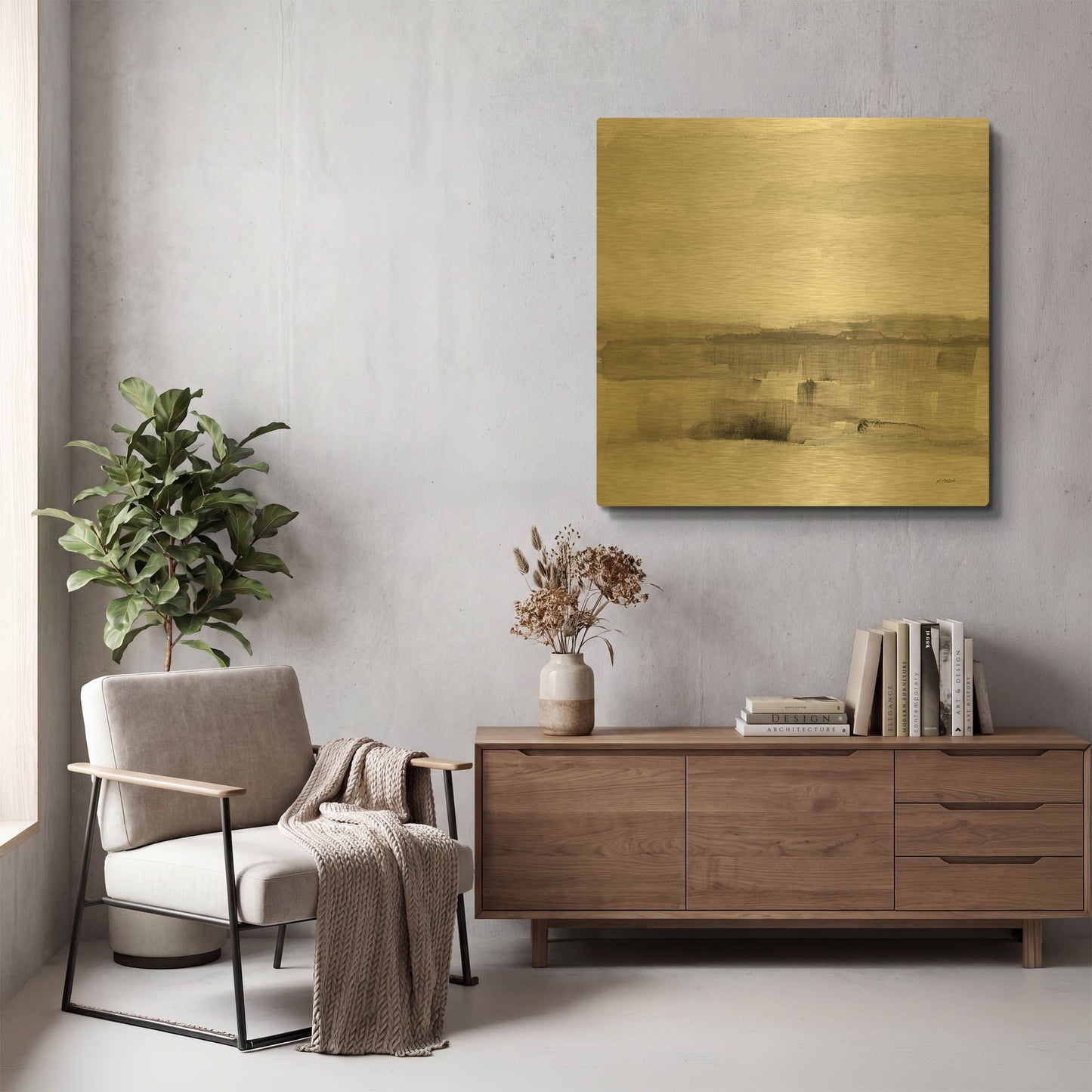 'Influence Of Line And Color Neutral' By Mike Schick Gold Metal Wall Art
