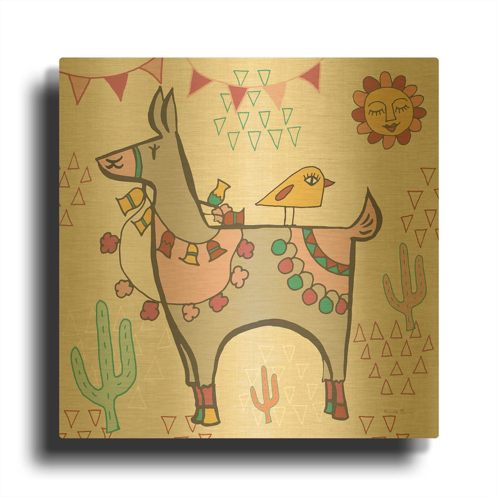 'Playful Llamas II' By Farida Zaman Gold Metal Wall Art