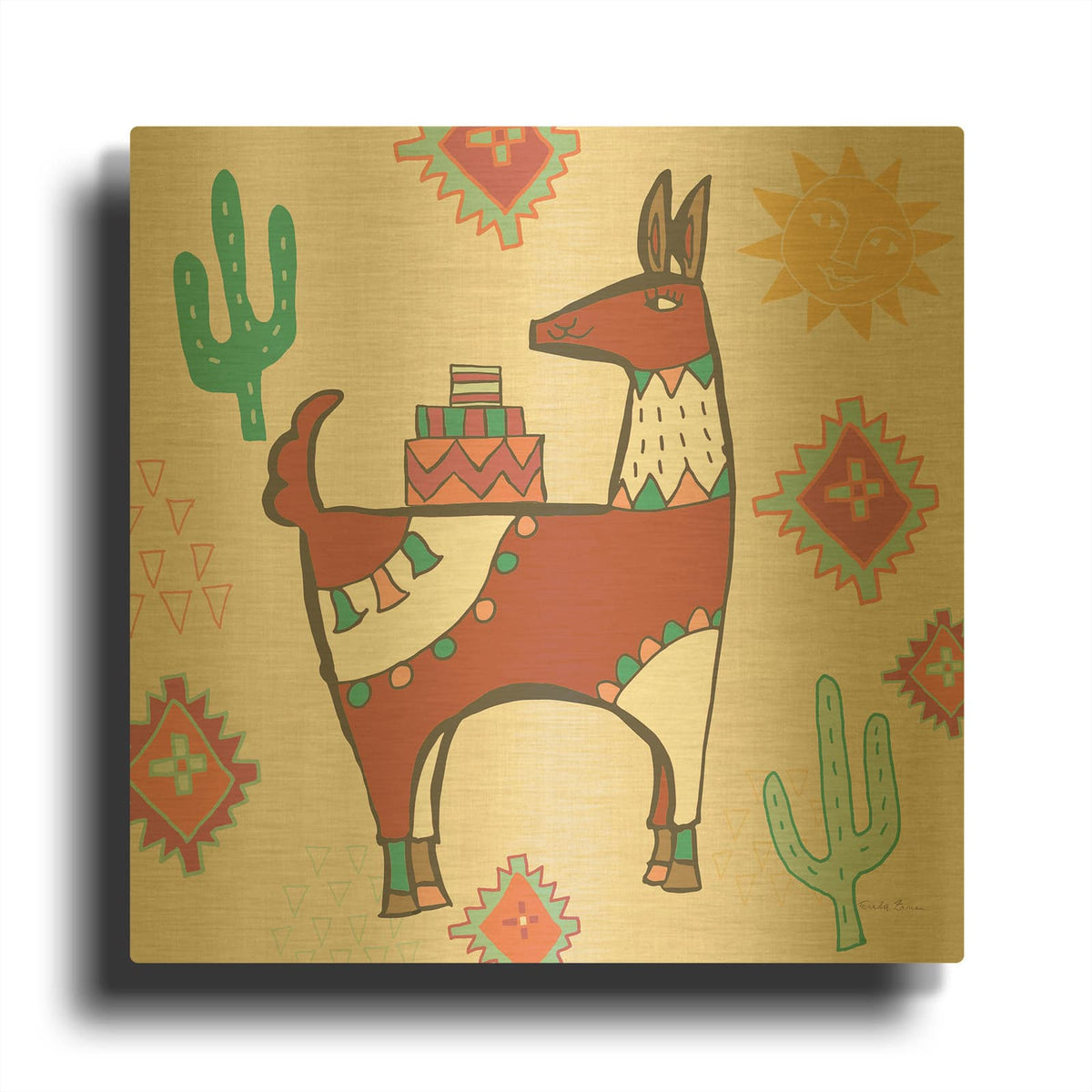 'Playful Llamas IV' By Farida Zaman Gold Metal Wall Art