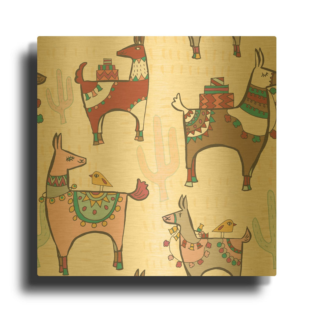 'Playful Llamas Pattern II' By Farida Zaman Gold Metal Wall Art
