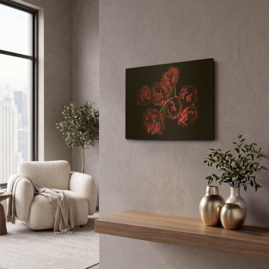'Red Double Tulips' By Elise Catterall Gold Metal Wall Art