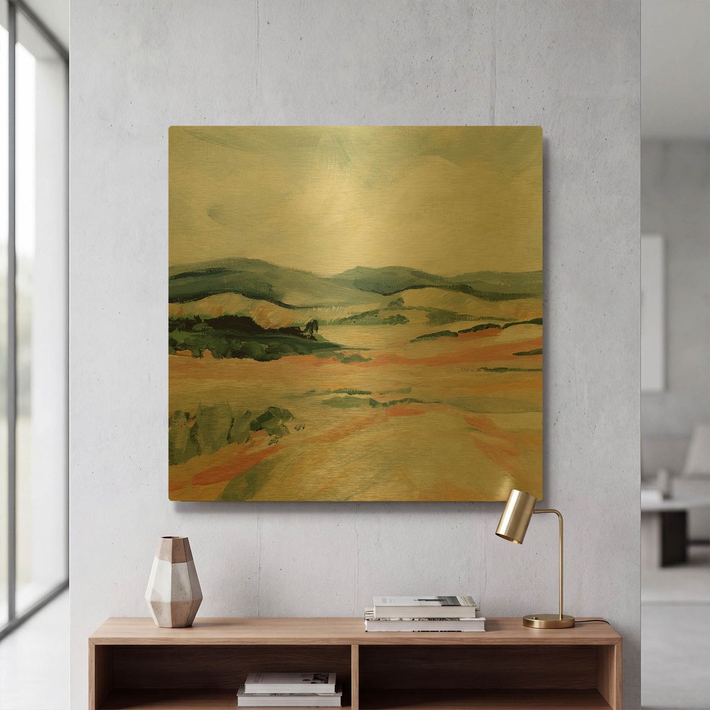 'Vermillion Landscape I' By Katrina Pete Gold Metal Wall Art