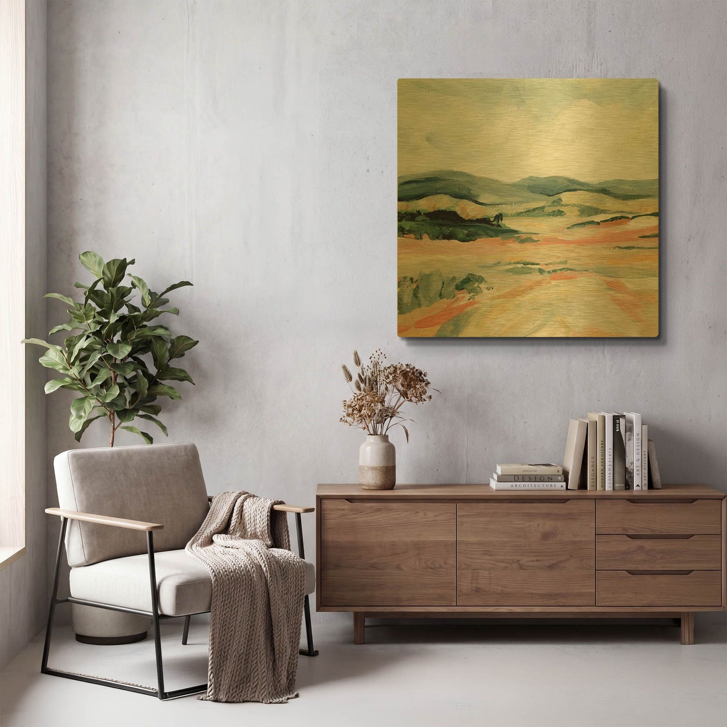 'Vermillion Landscape I' By Katrina Pete Gold Metal Wall Art
