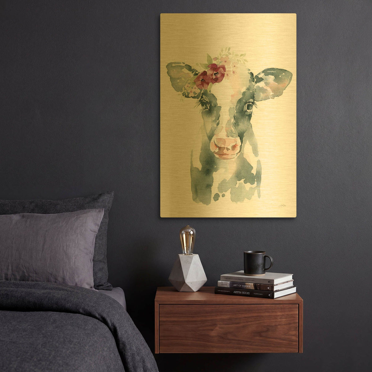 'Floral Cow' By Katrina Pete Gold Metal Wall Art