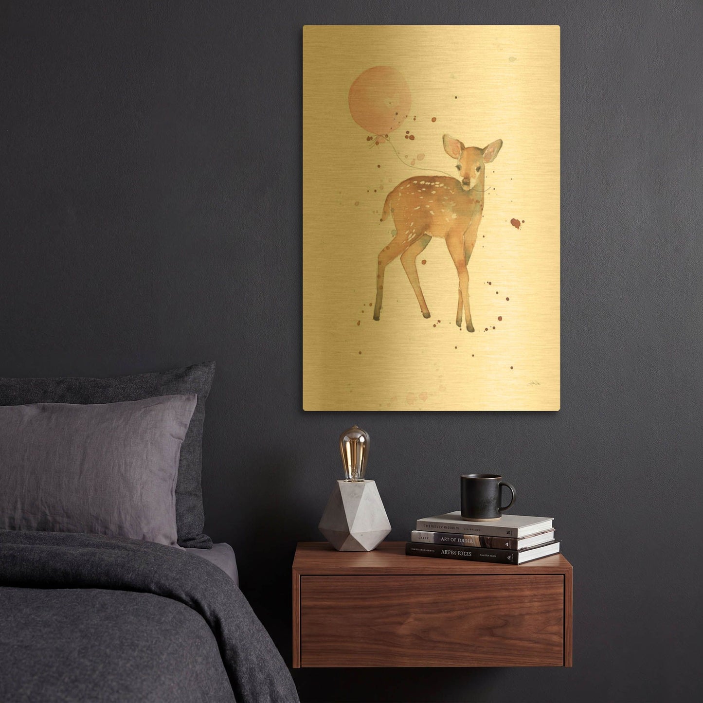 'Festive Fawn Pink Balloon' By Katrina Pete Gold Metal Wall Art