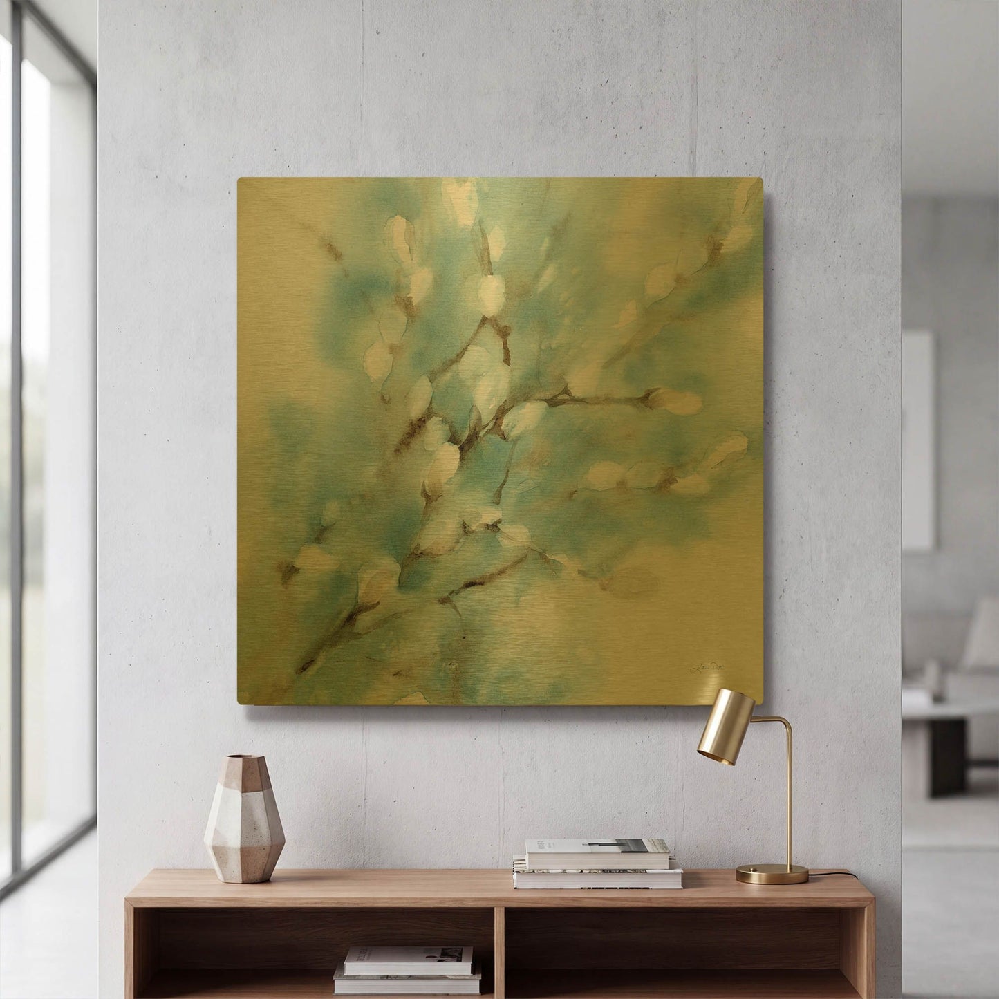 'Pussy Willows Square' By Katrina Pete Gold Metal Wall Art
